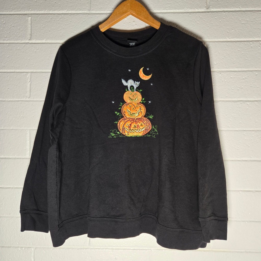 Holiday Editions Halloween Sweatshirt 2X Sequin Pumpkin Cat Spooky Goth Moon